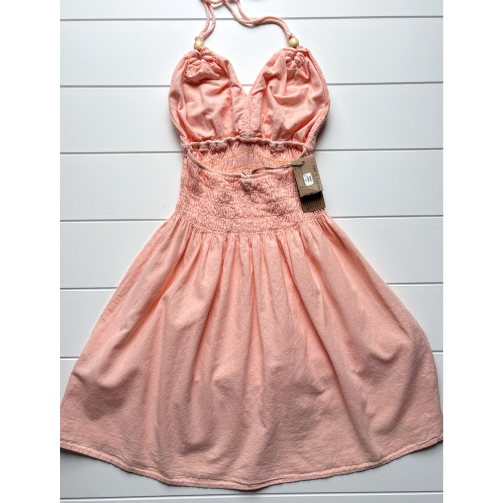 Blanco Coral Pink Crochet Lace Halter Mini Dress Size S Smocked Boho Cottagecore - Picture 5 of 12